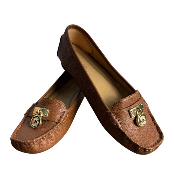 Michael Kors Hamilton Leather Brown British Tan Logo Driving Loafers Womens 6.5 - Picture 2 of 13